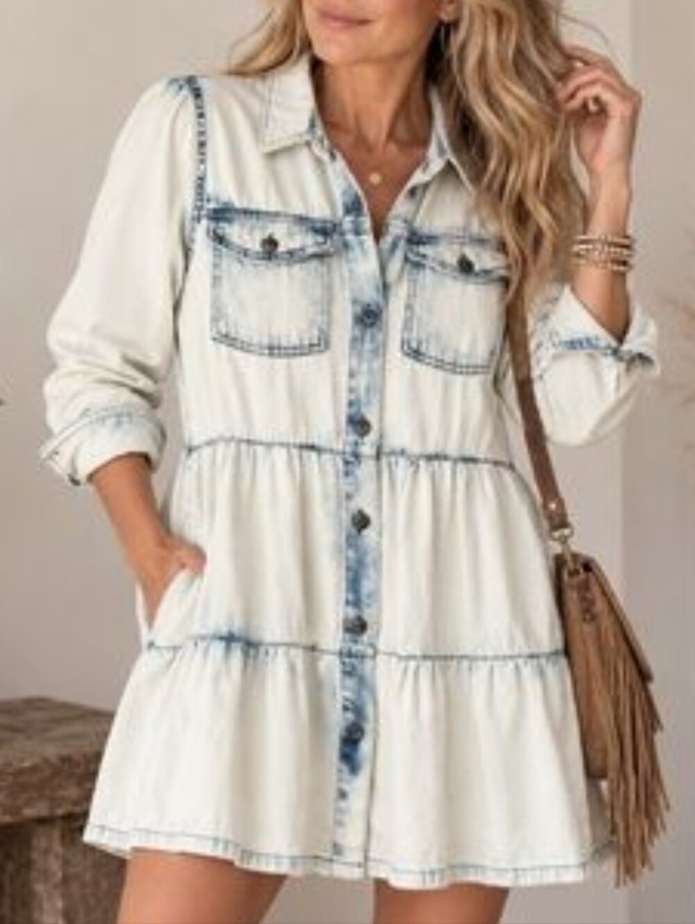 FREE PEOPLE Nicole Shirt Dress Long Sleeve Washed Blue Denim Shift